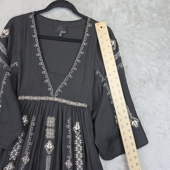 Greylin Dress Womens Medium Black Embroidered Boho Bell Sleeve Midi Fit & Flare - Picture 6 of 9
